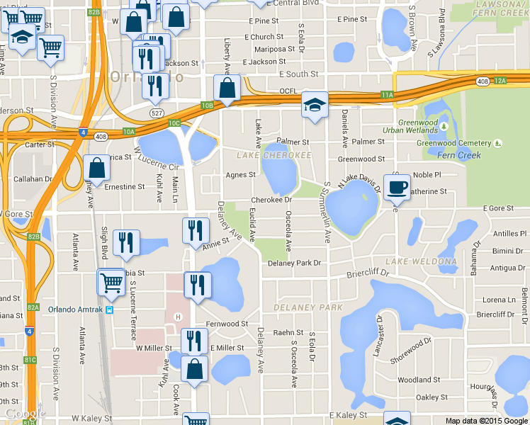 map of restaurants, bars, coffee shops, grocery stores, and more near 420 Cherokee Drive in Orlando