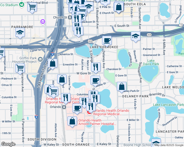map of restaurants, bars, coffee shops, grocery stores, and more near 129 East Gore Street in Orlando