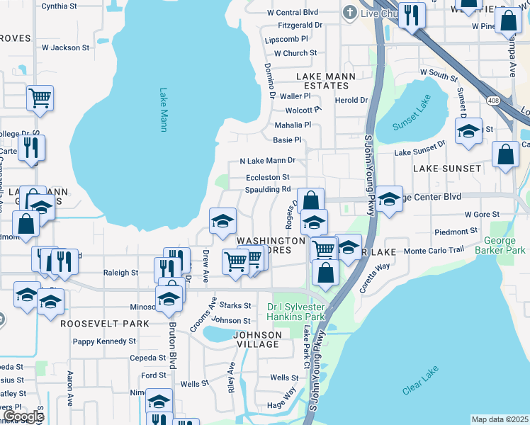 map of restaurants, bars, coffee shops, grocery stores, and more near 827 Bethune Drive in Orlando