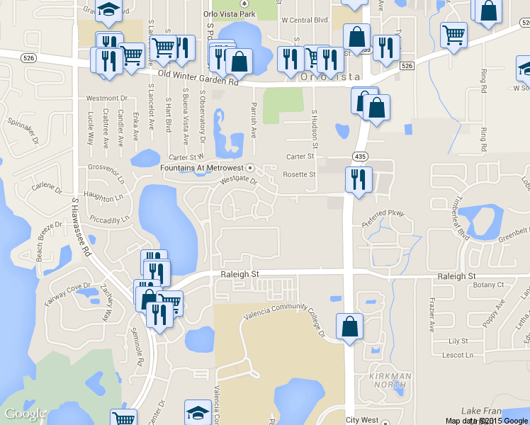map of restaurants, bars, coffee shops, grocery stores, and more near 6034 Westgate Drive in Orlando