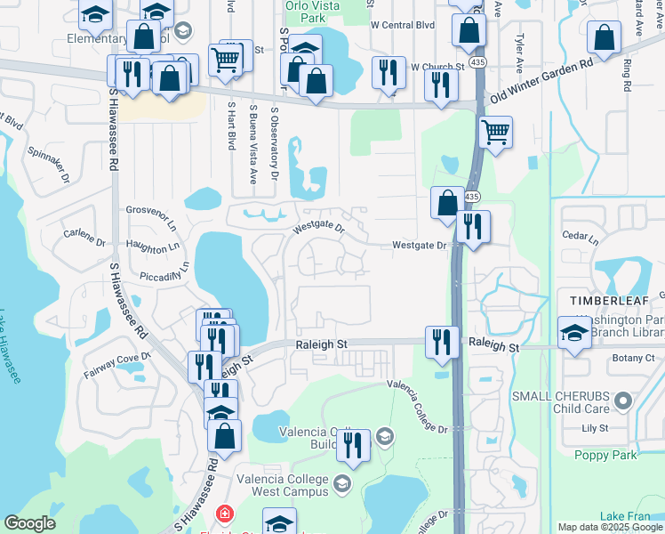 map of restaurants, bars, coffee shops, grocery stores, and more near 6034 Westgate Drive in Orlando