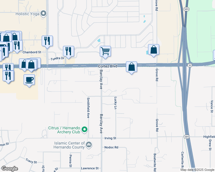 map of restaurants, bars, coffee shops, grocery stores, and more near 7110 Barclay Avenue in Brooksville