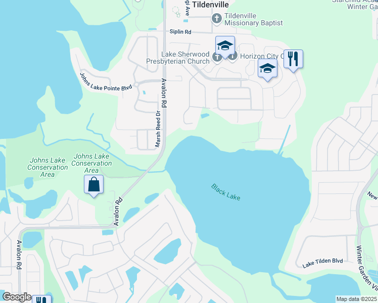 map of restaurants, bars, coffee shops, grocery stores, and more near 807 Avalon Road in Winter Garden