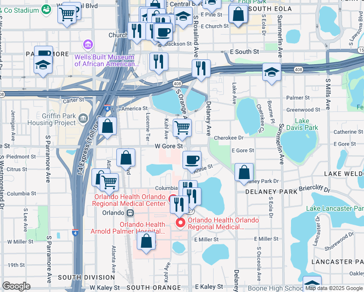 map of restaurants, bars, coffee shops, grocery stores, and more near 8 West Gore Street in Orlando