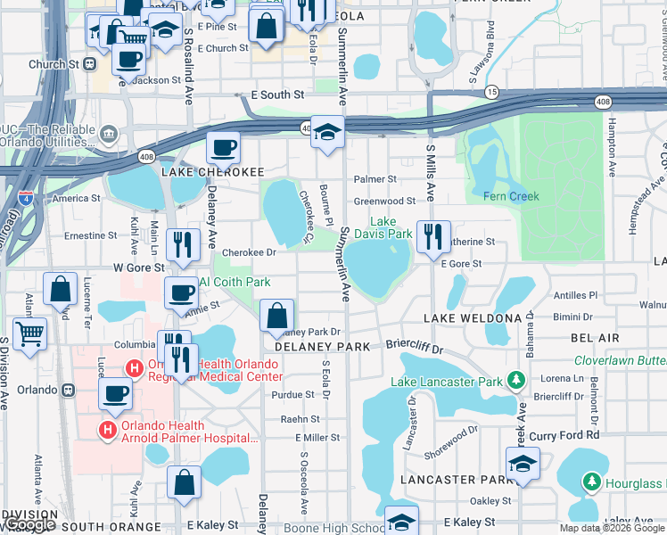 map of restaurants, bars, coffee shops, grocery stores, and more near 806 South Summerlin Avenue in Orlando