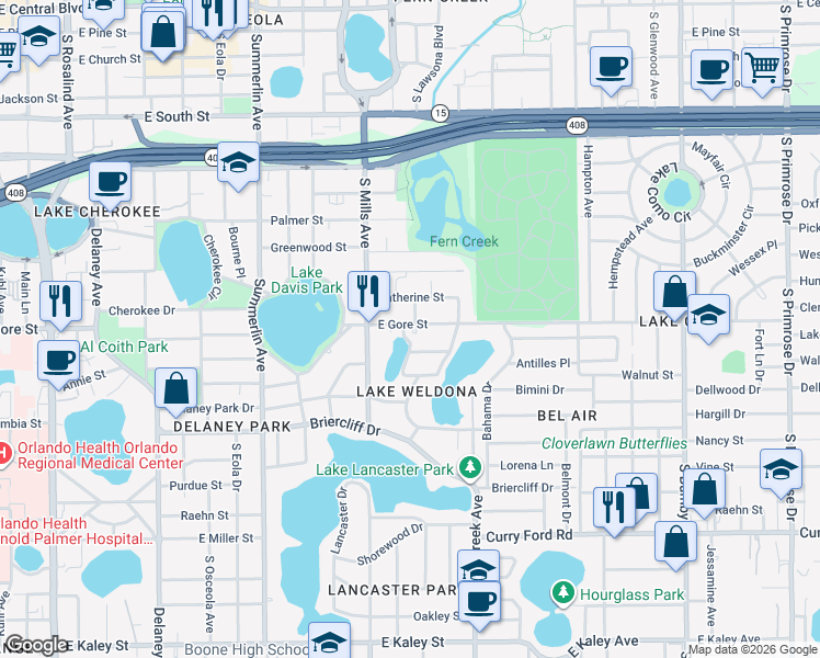 map of restaurants, bars, coffee shops, grocery stores, and more near 1221 East Gore Street in Orlando