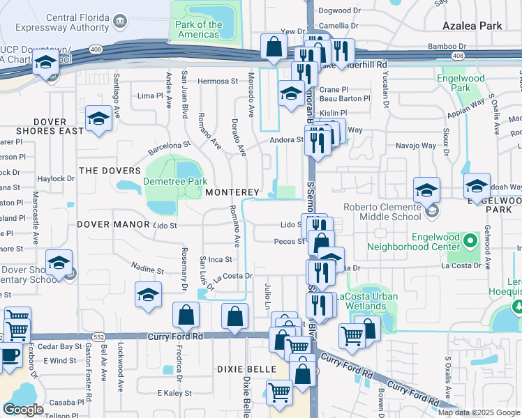 map of restaurants, bars, coffee shops, grocery stores, and more near 5516 Casa Blanca Lane in Orlando