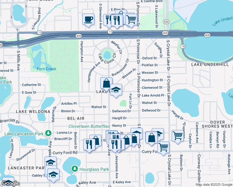 map of restaurants, bars, coffee shops, grocery stores, and more near 2417 East Gore Street in Orlando