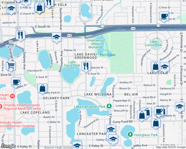 map of restaurants, bars, coffee shops, grocery stores, and more near 1221 East Gore Street in Orlando