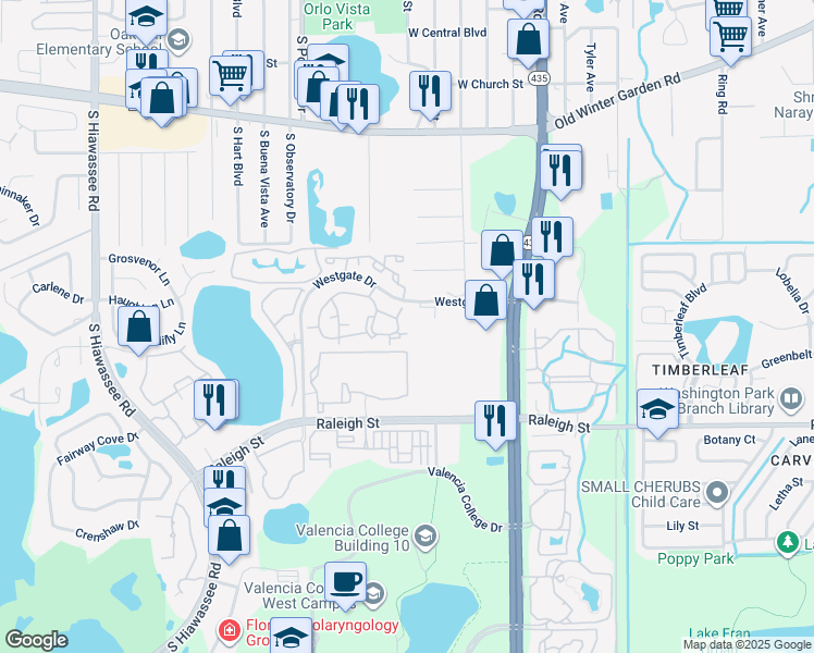 map of restaurants, bars, coffee shops, grocery stores, and more near 5956 Westgate Drive in Orlando