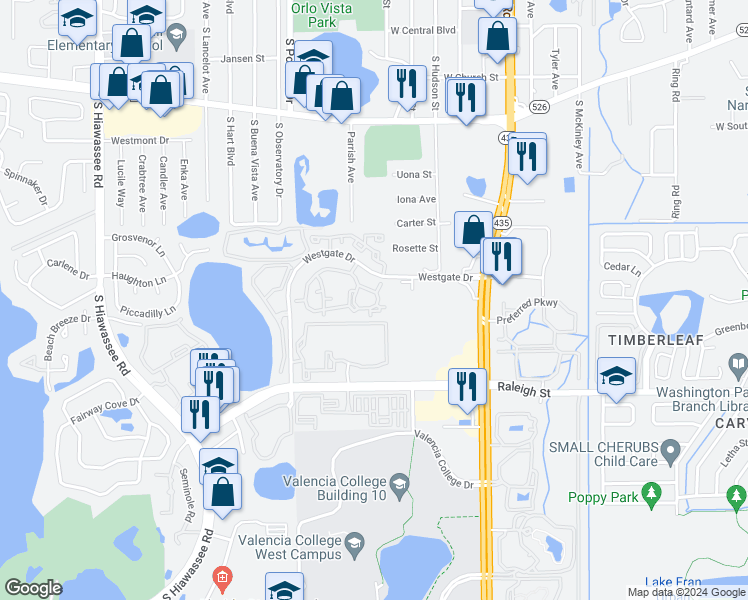 map of restaurants, bars, coffee shops, grocery stores, and more near 5956 Westgate Drive in Orlando