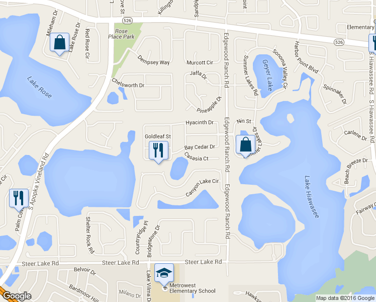 map of restaurants, bars, coffee shops, grocery stores, and more near 1002 Casasia Drive in Orlando