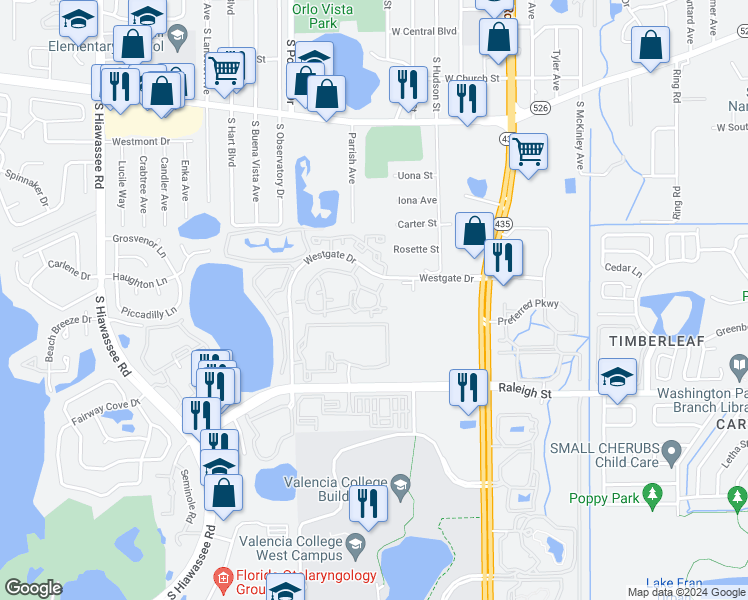 map of restaurants, bars, coffee shops, grocery stores, and more near 5956 Westgate Drive in Orlando