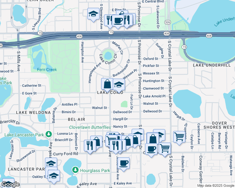 map of restaurants, bars, coffee shops, grocery stores, and more near 2450 East Gore Street in Orlando