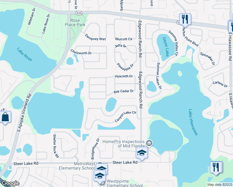 map of restaurants, bars, coffee shops, grocery stores, and more near 1002 Casasia Drive in Orlando