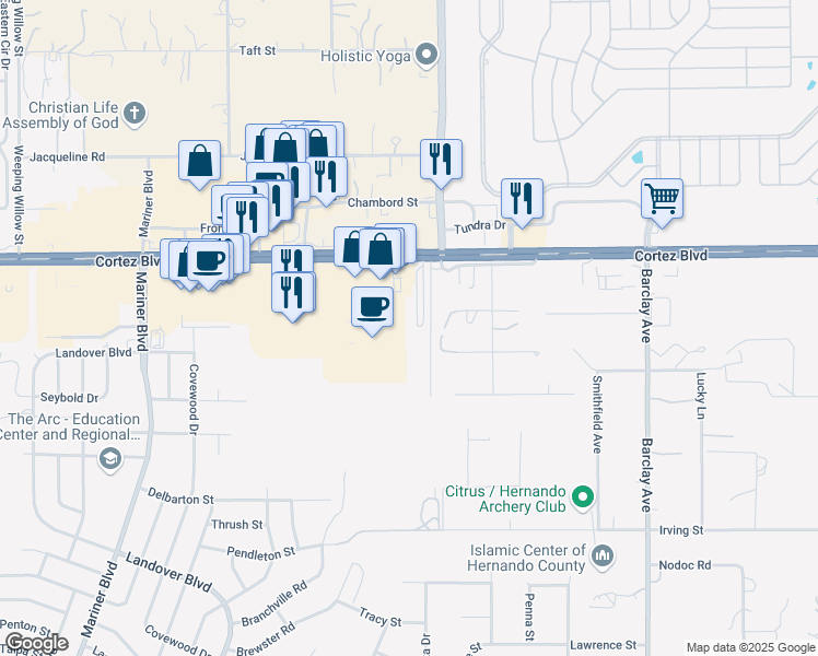map of restaurants, bars, coffee shops, grocery stores, and more near 13406 Cortez Boulevard in Brooksville
