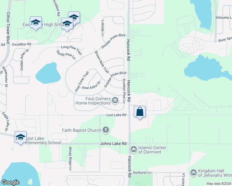 map of restaurants, bars, coffee shops, grocery stores, and more near 14835 Spruce Pine Lane in Clermont