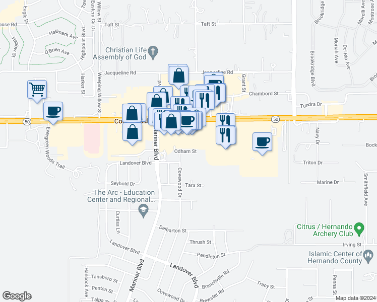 map of restaurants, bars, coffee shops, grocery stores, and more near 13129 Odham Street in Spring Hill
