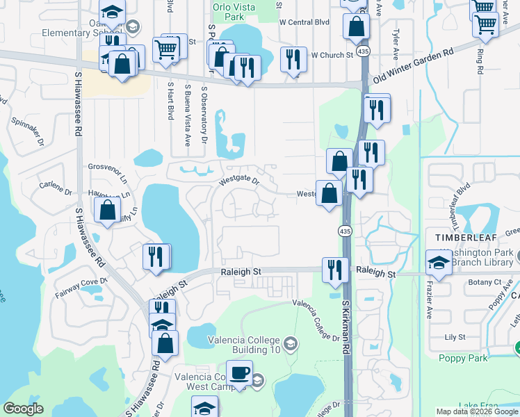 map of restaurants, bars, coffee shops, grocery stores, and more near 6034 Westgate Drive in Orlando