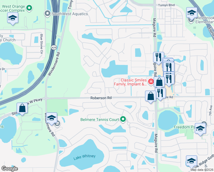 map of restaurants, bars, coffee shops, grocery stores, and more near 341 Kirkhill Street in Ocoee