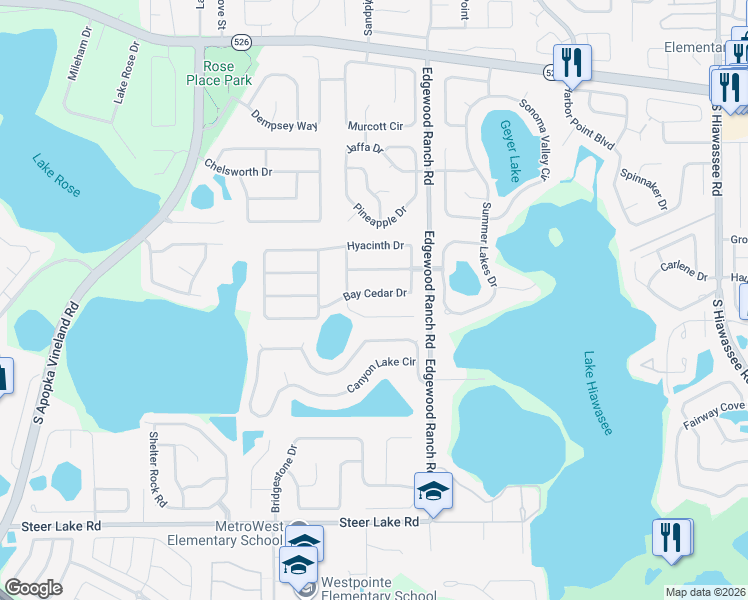 map of restaurants, bars, coffee shops, grocery stores, and more near 7806 Bay Cedar Drive in Orlando