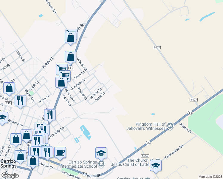 map of restaurants, bars, coffee shops, grocery stores, and more near 403 Retta St in Carrizo Springs