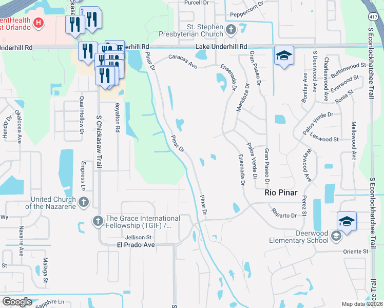 map of restaurants, bars, coffee shops, grocery stores, and more near 1125 Pinar Drive in Orlando