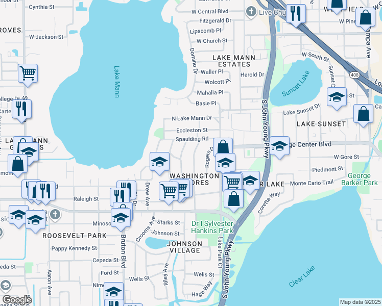 map of restaurants, bars, coffee shops, grocery stores, and more near 827 Bethune Drive in Orlando