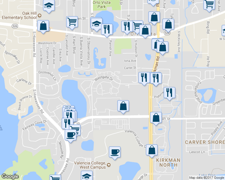 map of restaurants, bars, coffee shops, grocery stores, and more near 6034 Westgate Drive in Orlando