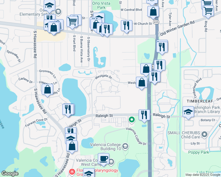 map of restaurants, bars, coffee shops, grocery stores, and more near 6034 Westgate Drive in Orlando