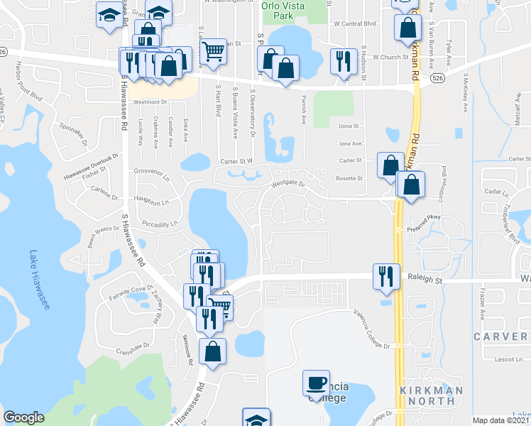 map of restaurants, bars, coffee shops, grocery stores, and more near 6245 Westgate Drive in Orlando