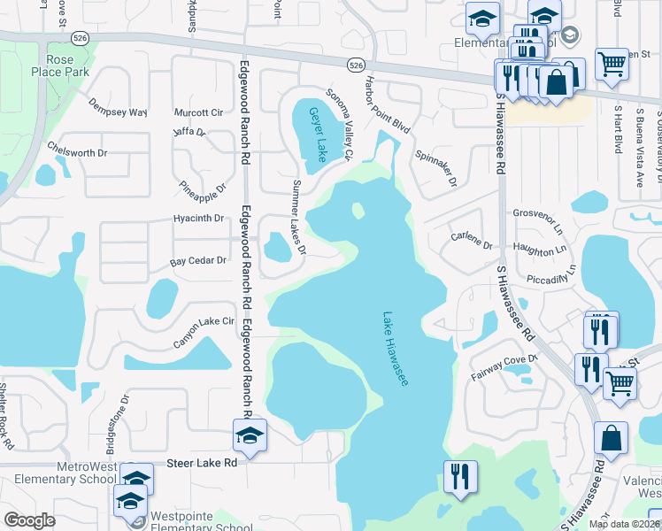 map of restaurants, bars, coffee shops, grocery stores, and more near 7520 Summer Lakes Court in Orlando