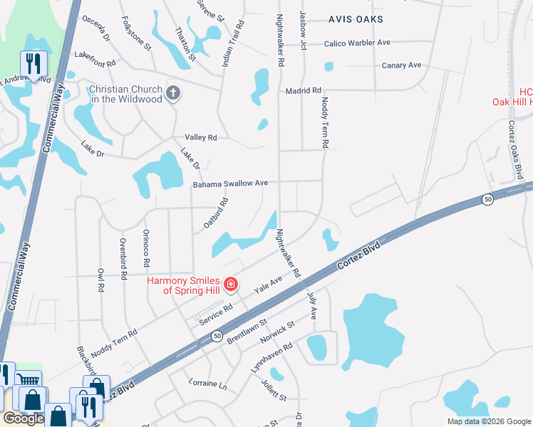 map of restaurants, bars, coffee shops, grocery stores, and more near 7100 Bastian Court in Spring Hill