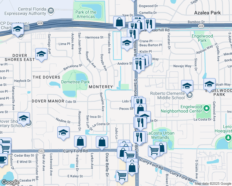 map of restaurants, bars, coffee shops, grocery stores, and more near 5520 Casa Blanca Lane in Orlando