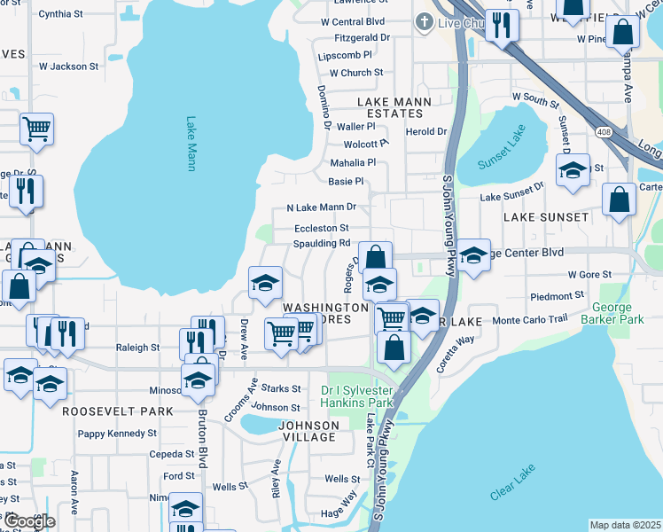 map of restaurants, bars, coffee shops, grocery stores, and more near 827 Bethune Drive in Orlando