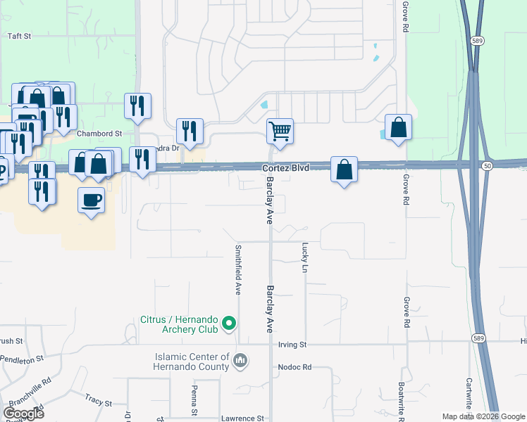map of restaurants, bars, coffee shops, grocery stores, and more near 14176 Bock Lane in Brooksville