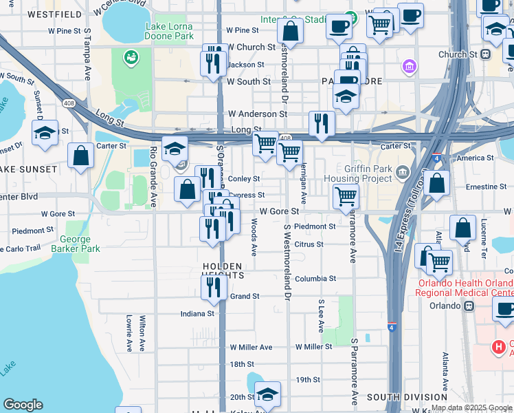 map of restaurants, bars, coffee shops, grocery stores, and more near 1033 West Gore Street in Orlando