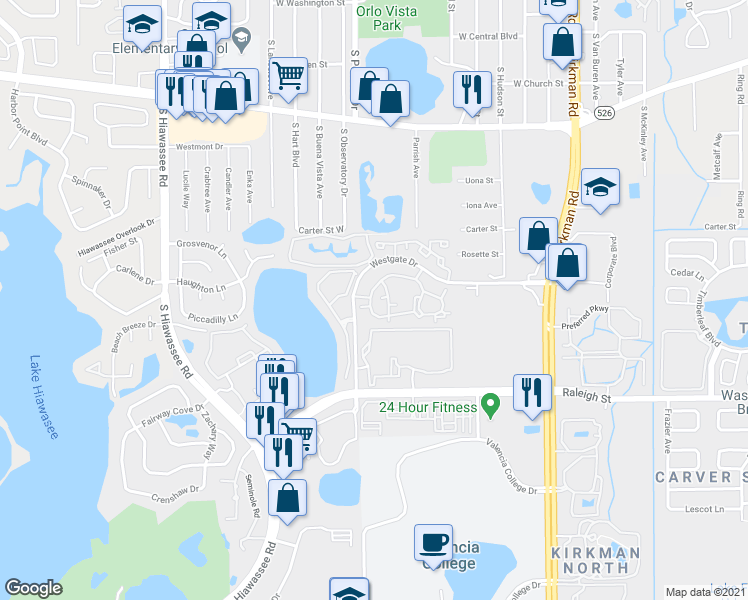 map of restaurants, bars, coffee shops, grocery stores, and more near 6118 Westgate Drive in Orlando