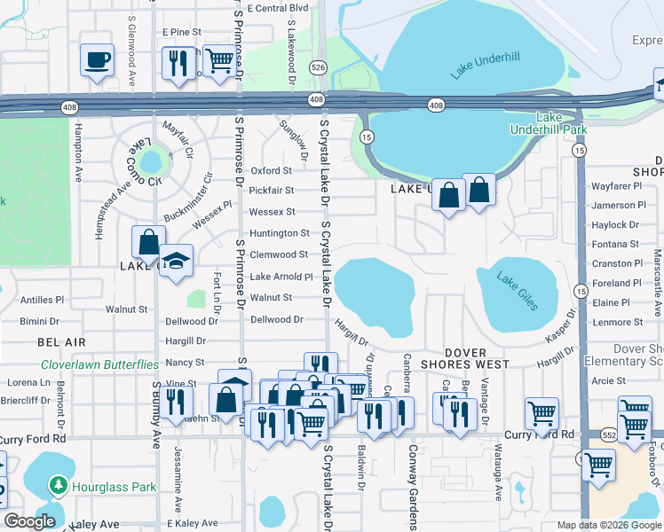 map of restaurants, bars, coffee shops, grocery stores, and more near 901 South Crystal Lake Drive in Orlando