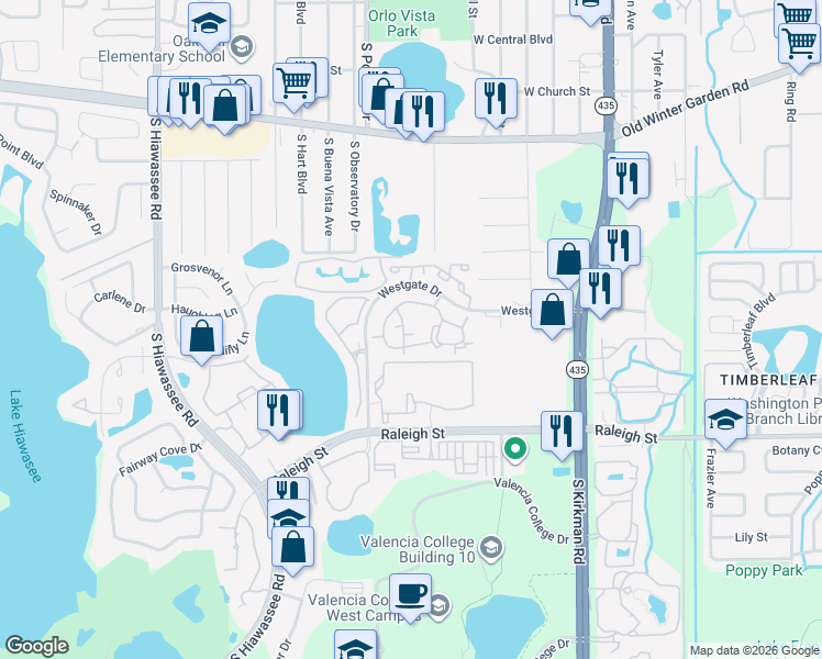 map of restaurants, bars, coffee shops, grocery stores, and more near 6118 Westgate Drive in Orlando