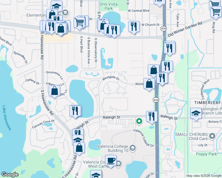 map of restaurants, bars, coffee shops, grocery stores, and more near 6130 Westgate Drive in Orlando