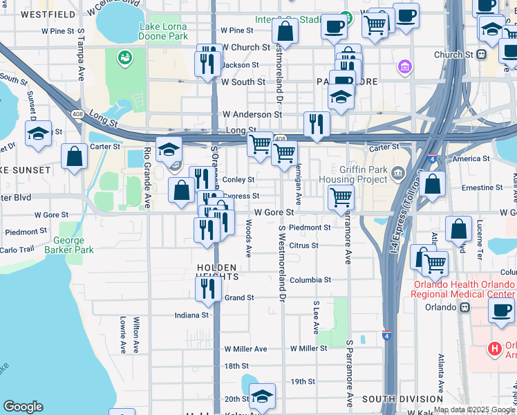 map of restaurants, bars, coffee shops, grocery stores, and more near 1033 West Gore Street in Orlando