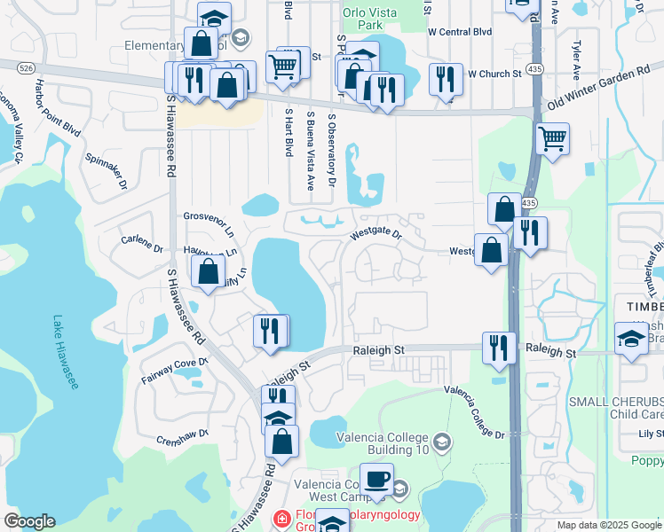 map of restaurants, bars, coffee shops, grocery stores, and more near 6245 Westgate Drive in Orlando