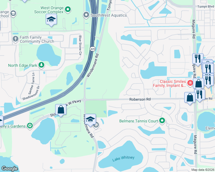 map of restaurants, bars, coffee shops, grocery stores, and more near 868 Roberson Road in Ocoee
