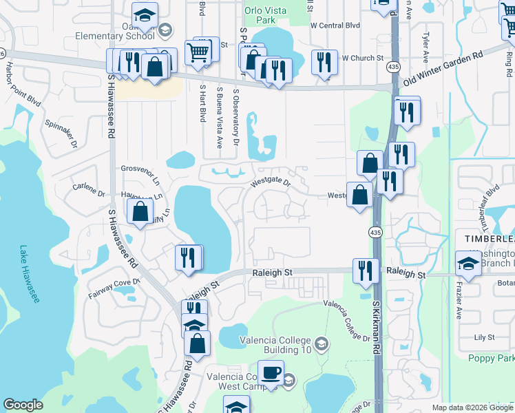 map of restaurants, bars, coffee shops, grocery stores, and more near 6118 Westgate Drive in Orlando