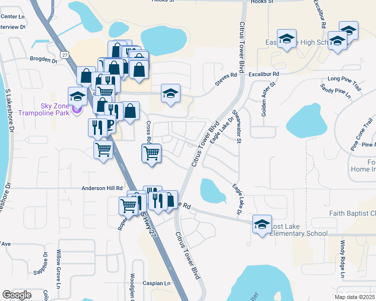 map of restaurants, bars, coffee shops, grocery stores, and more near 2550 Citrus Tower Boulevard in Clermont