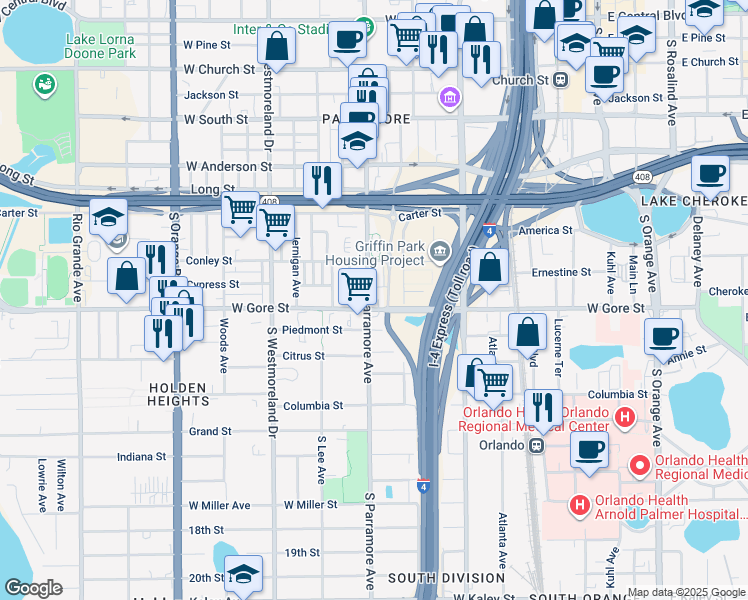 map of restaurants, bars, coffee shops, grocery stores, and more near 841 South Parramore Avenue in Orlando