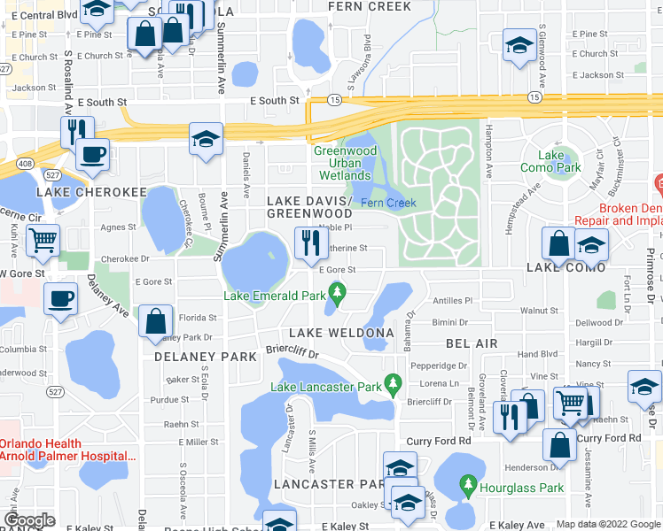 map of restaurants, bars, coffee shops, grocery stores, and more near 1221 East Gore Street in Orlando
