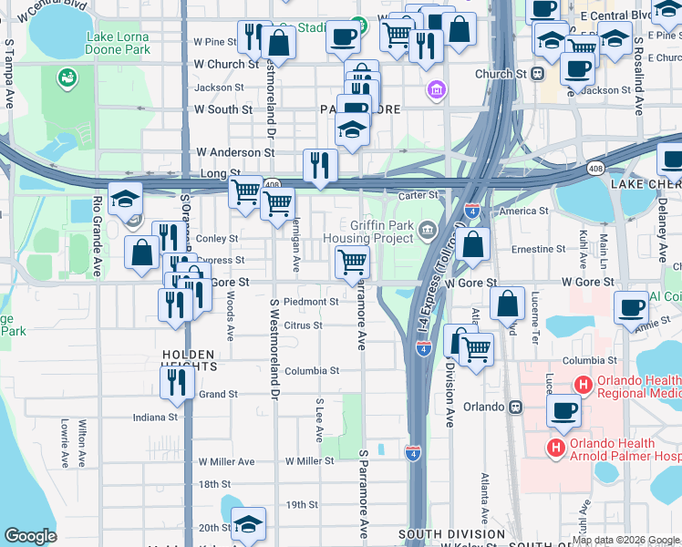 map of restaurants, bars, coffee shops, grocery stores, and more near 840 Mc Fall Avenue in Orlando
