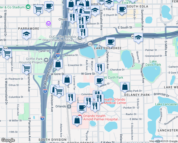map of restaurants, bars, coffee shops, grocery stores, and more near 818 Main Lane in Orlando